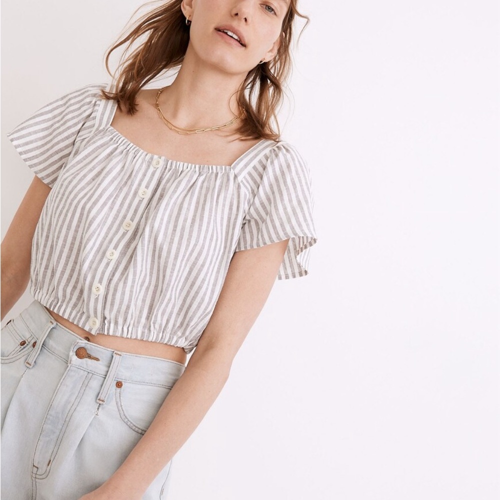 Madewell Flutter-Sleeve Cotton Button-Front Crop … - image 1